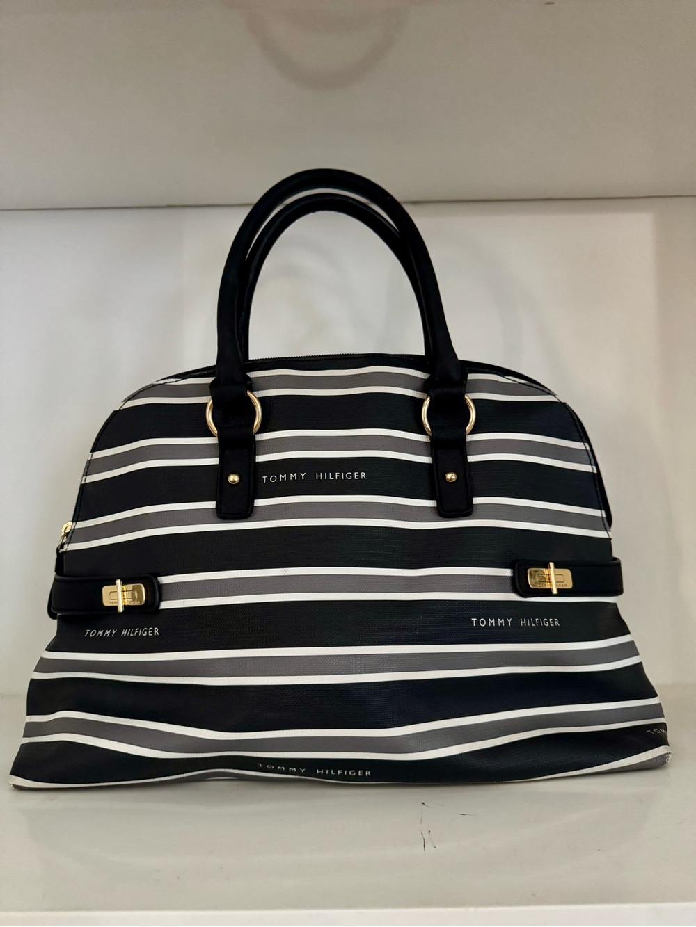 Tommy Hilfiger Black & Gray Striped Dome Satchel Bag BW96929447
